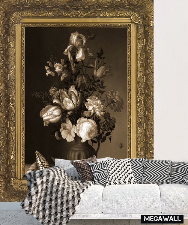 Vase with flowers, shells and insects  Arty Frame - Wallcover