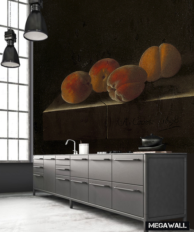 Four apricots on a stone plinth - Wallcover