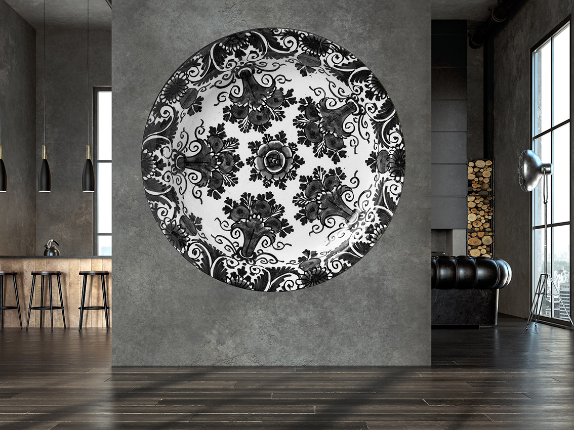 Wallpaper Circle Delft Blue - Floral (black)