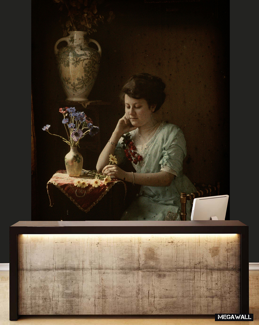 Woman sitting at the table - Wallcover