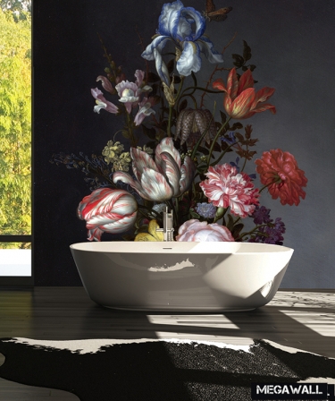 Vase with flowers, shells and insects  - Wallcover