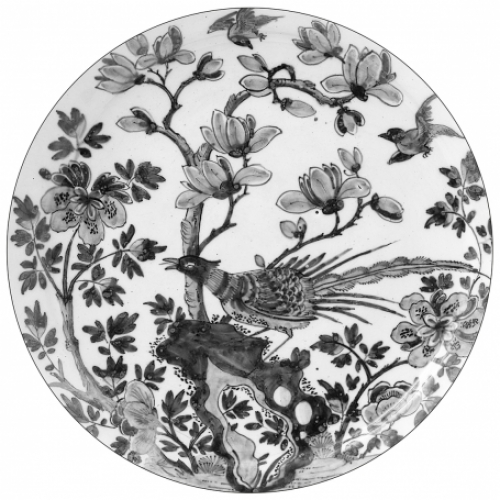 Papier peint Circle Delft Blue - Bird (black)