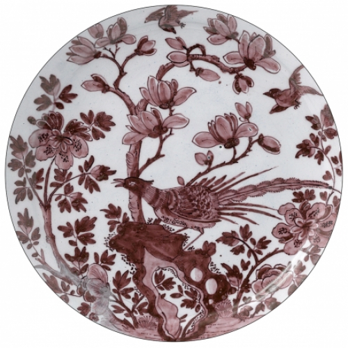 Wallpaper Circle Delft Blue - Bird (red)